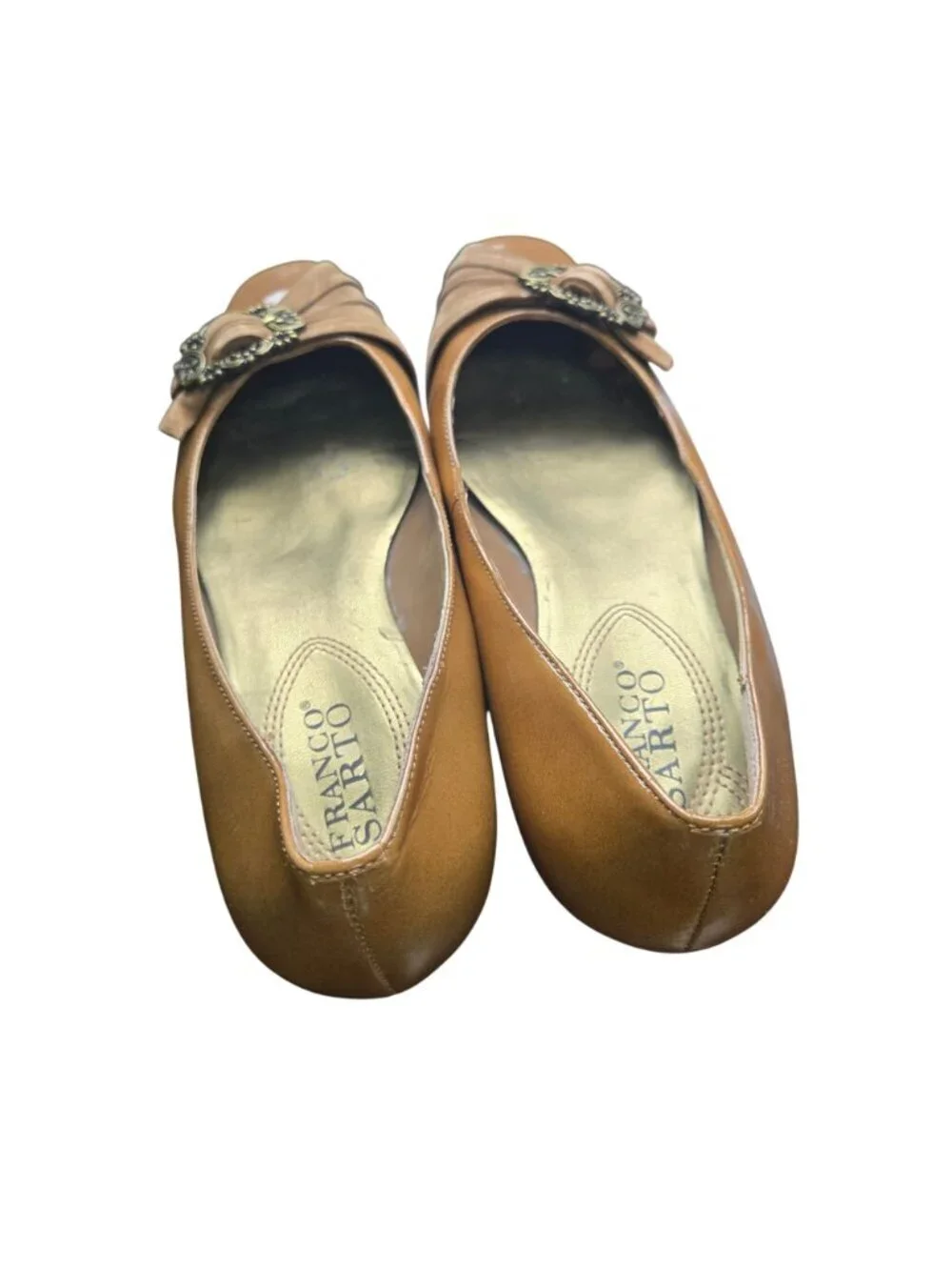 Franco Sarto Panache Tan Patent Leather Suede Ornate Buckle Kitten Heel Size 8.5